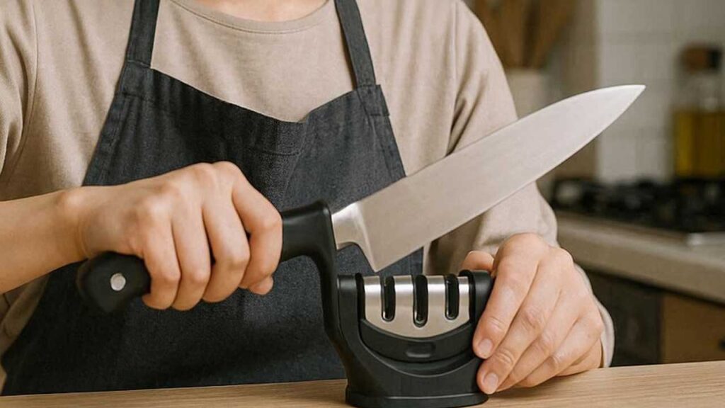 包丁をシャープナーで研ぐ