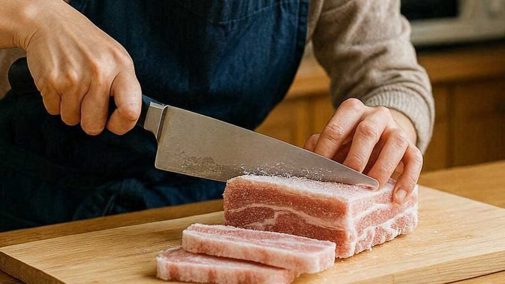 包丁で冷凍した肉を切る