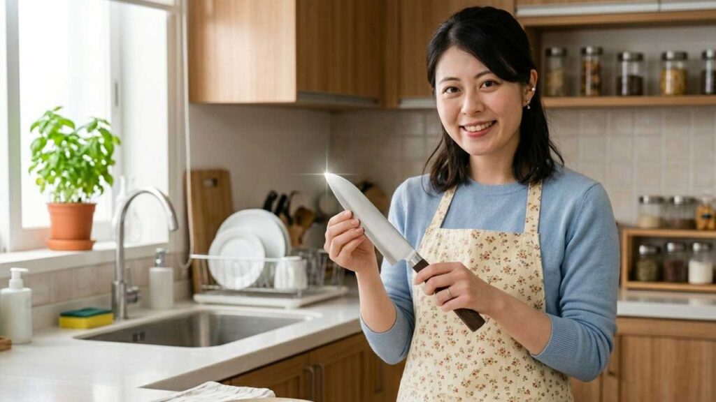 輝く包丁を持つ女性