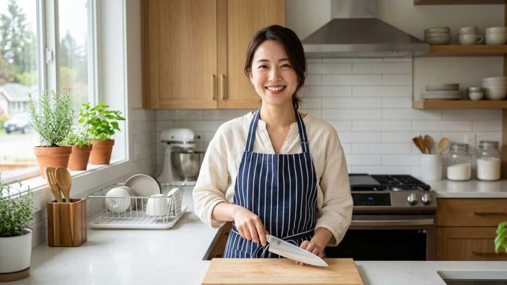 笑顔で包丁を持つ女性