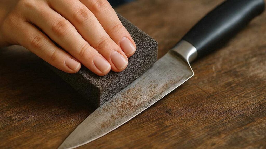 錆びた包丁を消しゴム（研磨スポンジ）で磨く