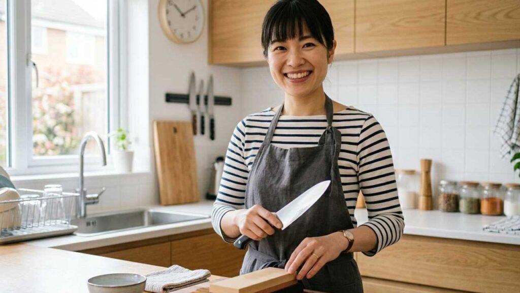 包丁を研ぐ女性