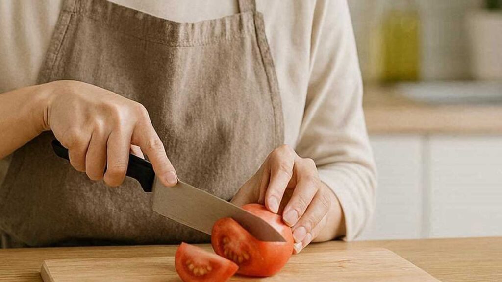 包丁でトマトを切る