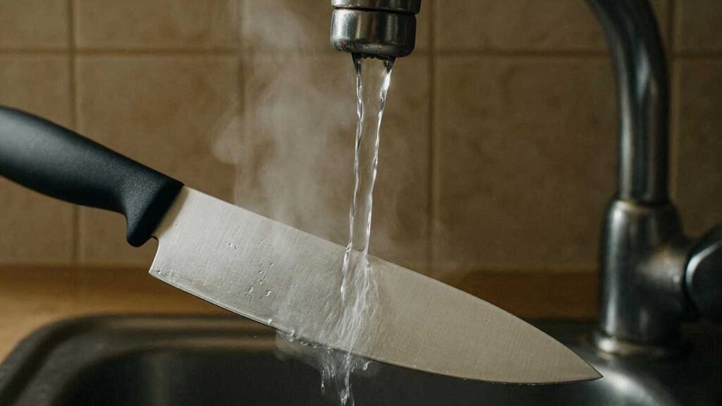 包丁に熱湯をかける