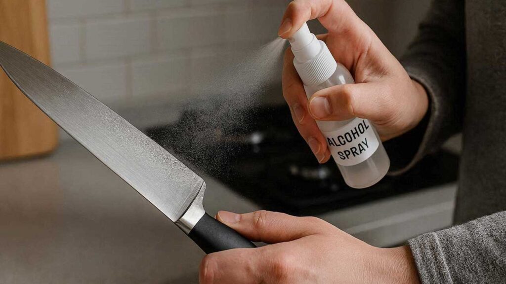 包丁にアルコールスプレーを吹きかける