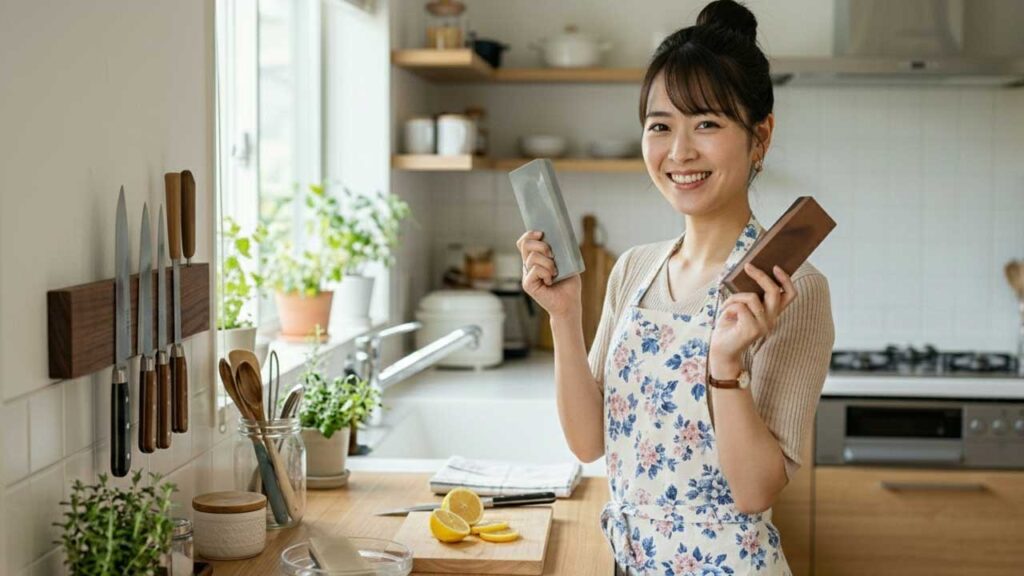 砥石を持つ女性